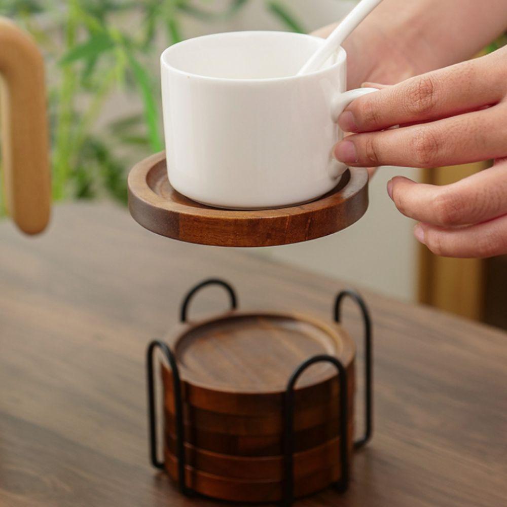4/6pcs Round Table Protection Drink Coaster With Holder Teacup Mat Durable Wood Coasters  Bar