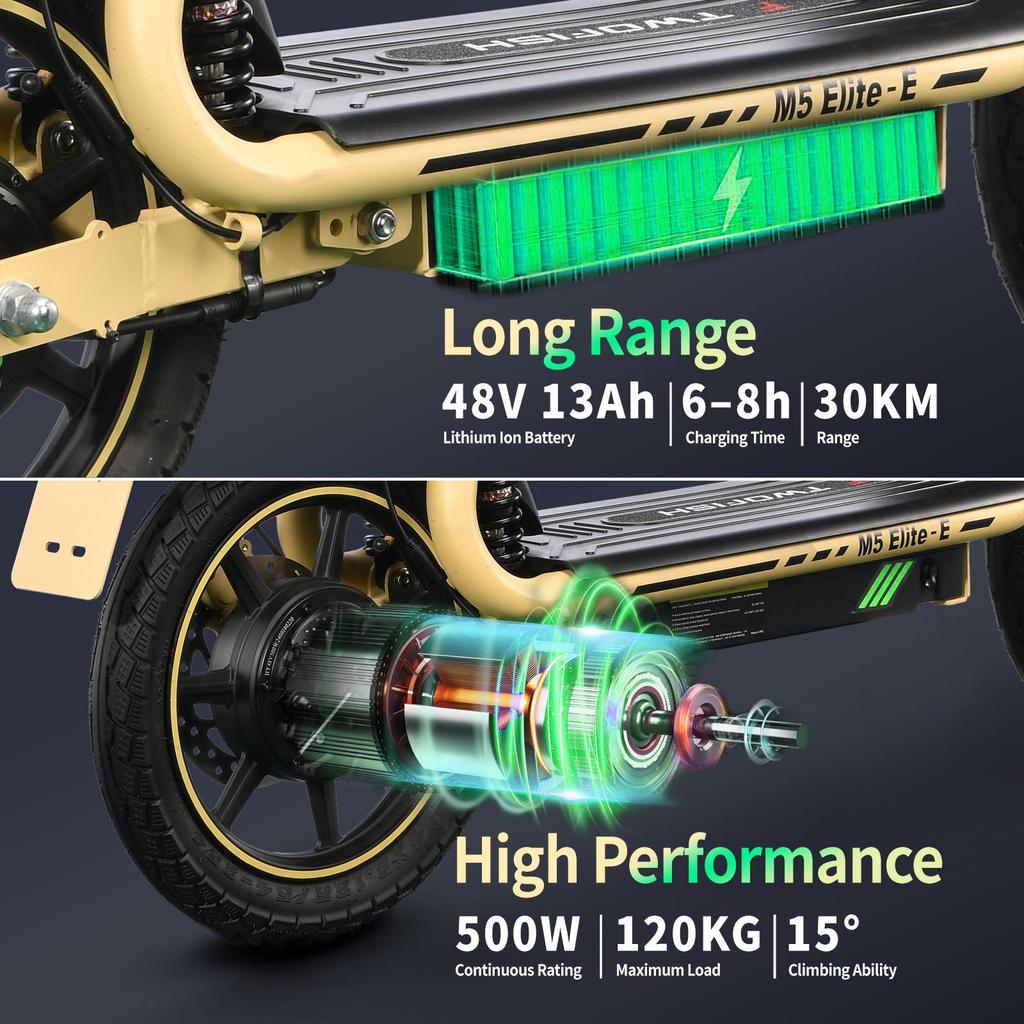 Twofish M5 ELITE-E Elektroroller mit Sitz und Korb EWG-zertifiziert 14" Reifen 500W Motor 48V13Ah Batterie Höchstgeschwindigkeit 40km/h Maximale Reichweite 30km