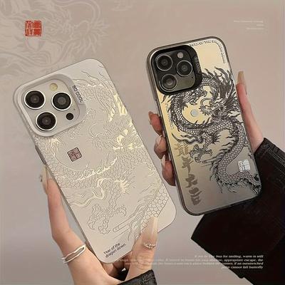 iPhone17 16 15 14 13 12 11Plus Pro Max Case, High-end Black and White Dragon Pattern Print
