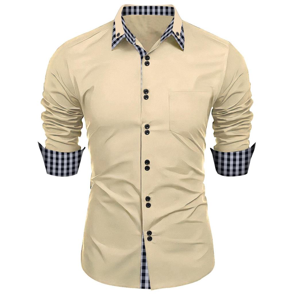 Men's Fashion Plaid  Long Sleeve Shirt Man Lapel Top  Patchwork Business Slim Fit Casual Shirts