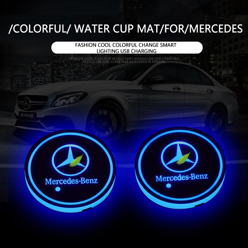BTT1 1pcs Car Accessories Led Car Logo Cup lights Smart Luminous Water coaster For Mercedes benz AMG A B R G Class GLK GLA C200 E200