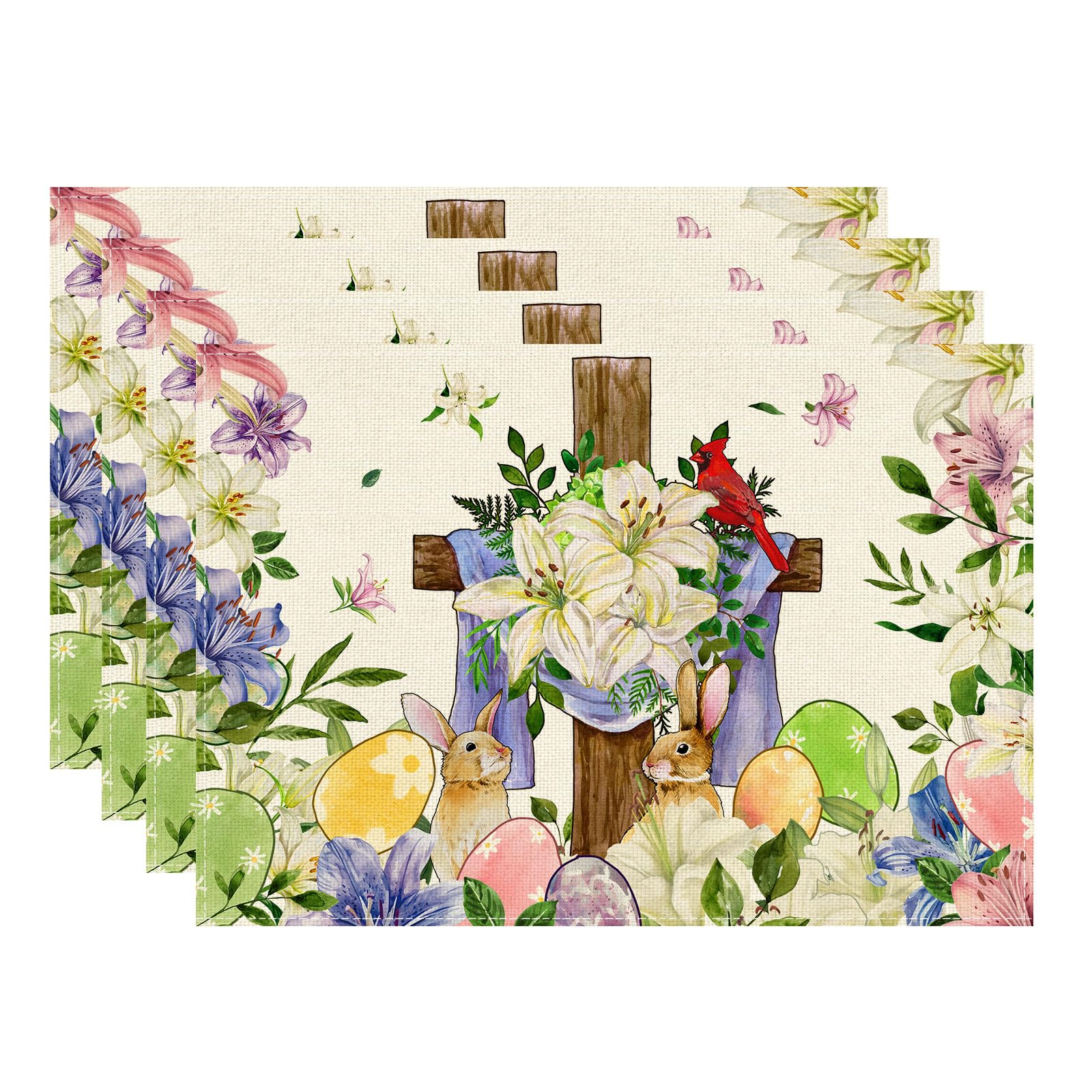 

Bunny Flowers Cross Eggs Rabbit Easter Placemats Set of 4 Table Mats for Party Home Kitchen Dining Table Decorations 12x18 Inch Placemats Set of 4 （12x18 Inch）