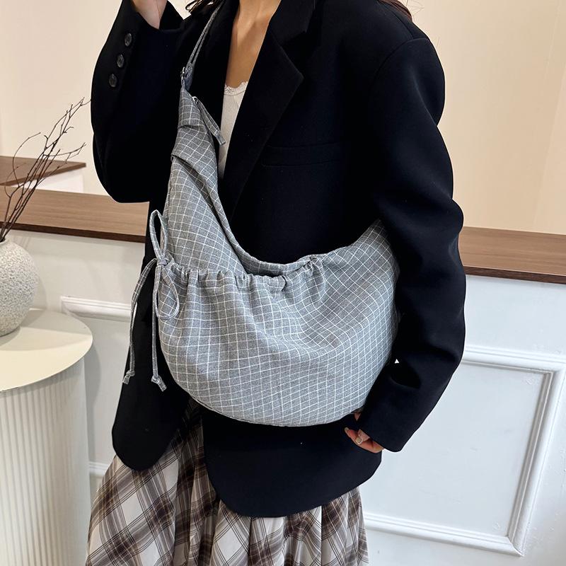 Korean Plaid Canvas Underarm Bag - Large Capacity Crossbody for Women, 2025 Style