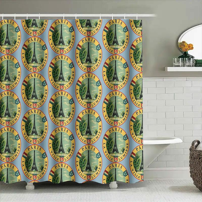 Floral Shower Curtain Vintage Paris Eiffel Tower Botanical Washable Fabric Bathroom Decor