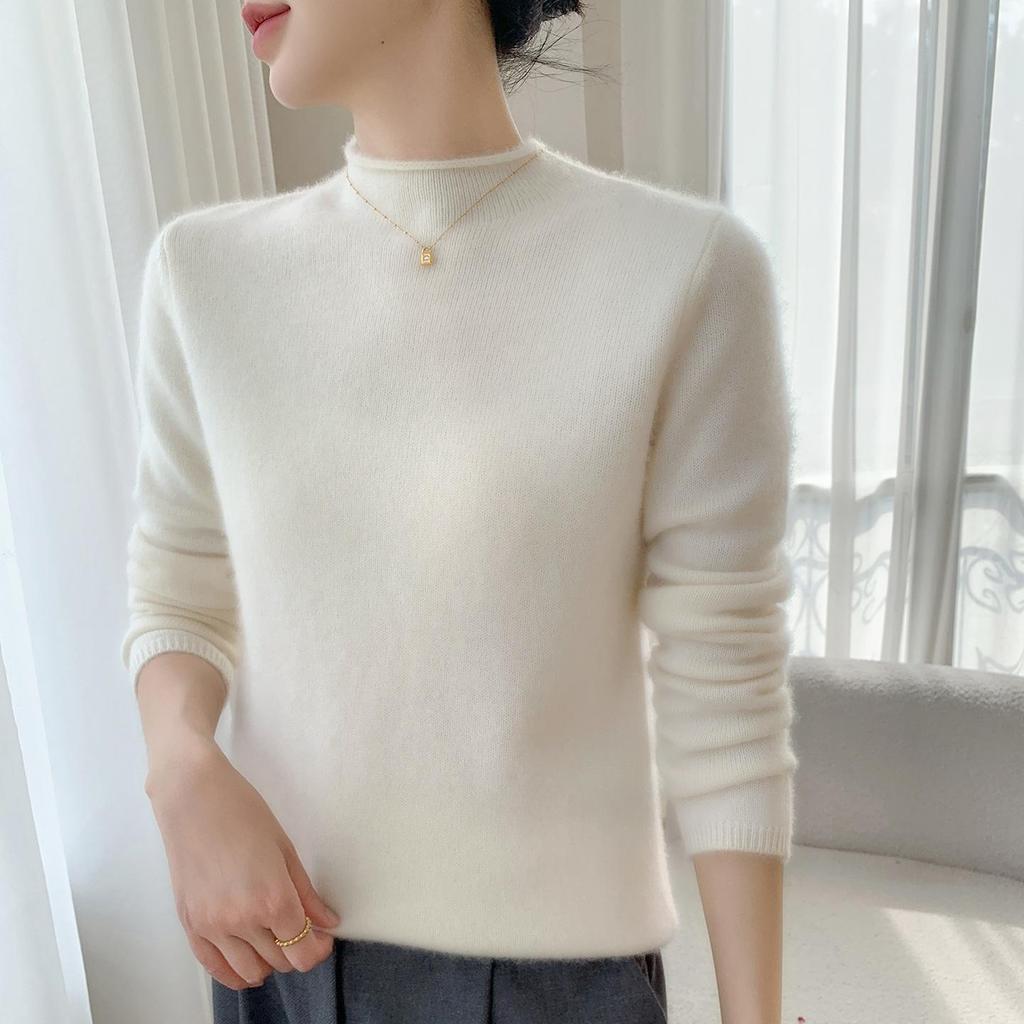 Versatile Women's Slim Cashmere Sweater - Autumn/Winter 2025, Half-High Neck, White Pullover