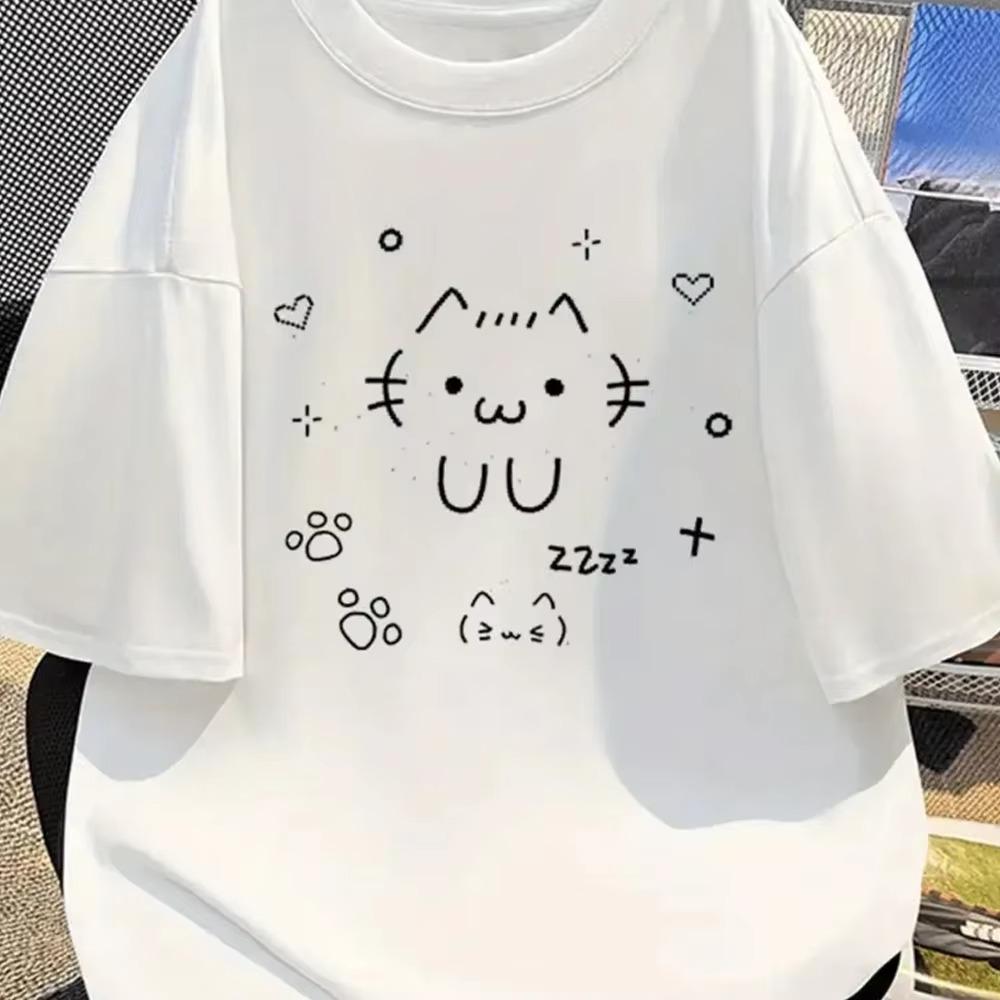 Cute Cat Summer Style Cartoon Printed Fashion Pattern Tshirt Casual Shortsleeved White Tshirt Playful and Comfortable Y2K
