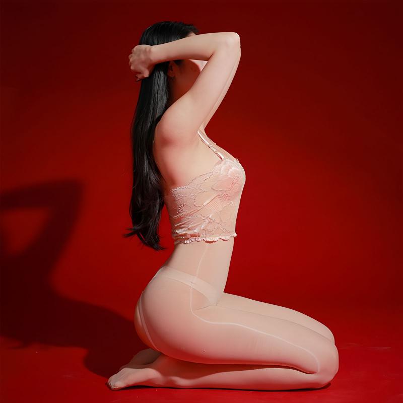 Xumi Sexy Lace Halter Neck Tube Top Open Crotch One-piece Stockings 5D Ultra-thin Glossy Silky Sheer Lingerie for Women