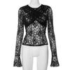 Fashion See Through Lace Round Neck Sexy T-shirt Women Cross Wrapped Chest Flare Sleeve T Shirts Woman Elegant Street Slim Fit Lady Tee Tops 26137