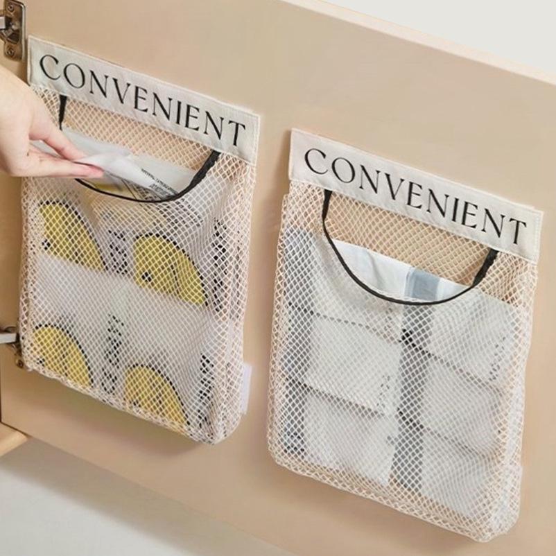 Wall-Mounted Kitchen Organizer: Hanging Mesh Bag & Hook for Plastic Bags & Trash Bags
