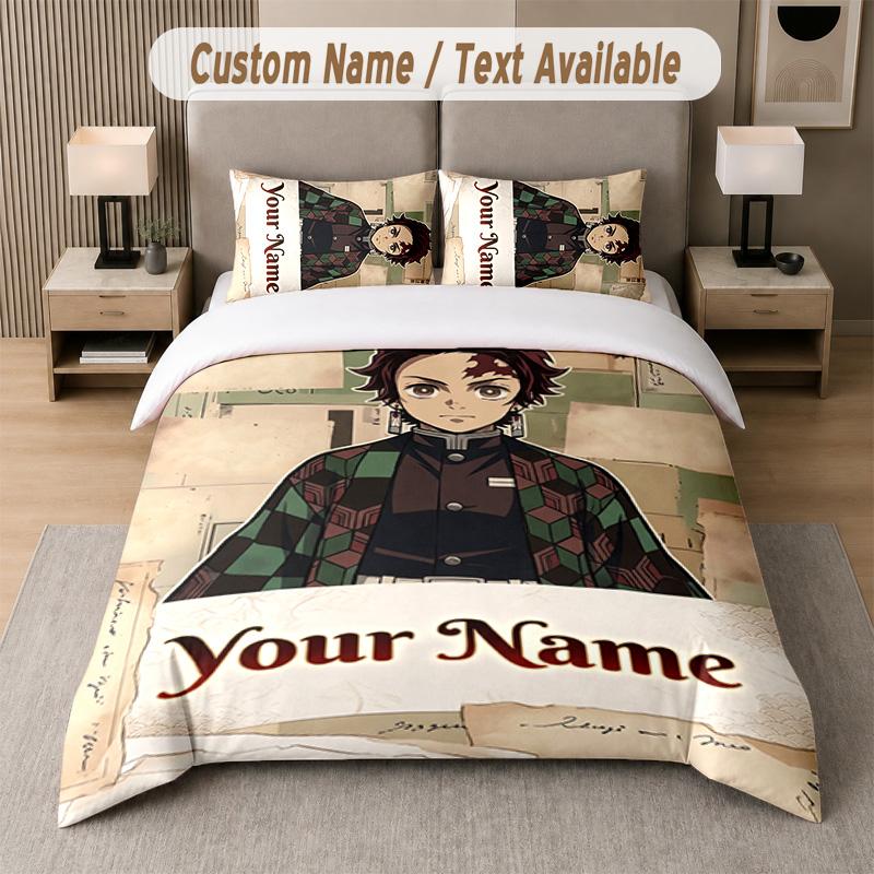 Demon Slayer 3Pcs Bedding Set, Personalized Custom Name Text, 1 Duvet Cover & 2 Pillowcases For Bedroom