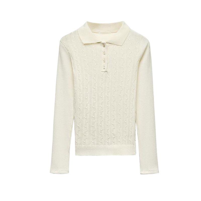 Summer New Women clothes Rib and Eight-Strand Woven Patchwork Polo Shirt Simple Long sleeve Top 5644302