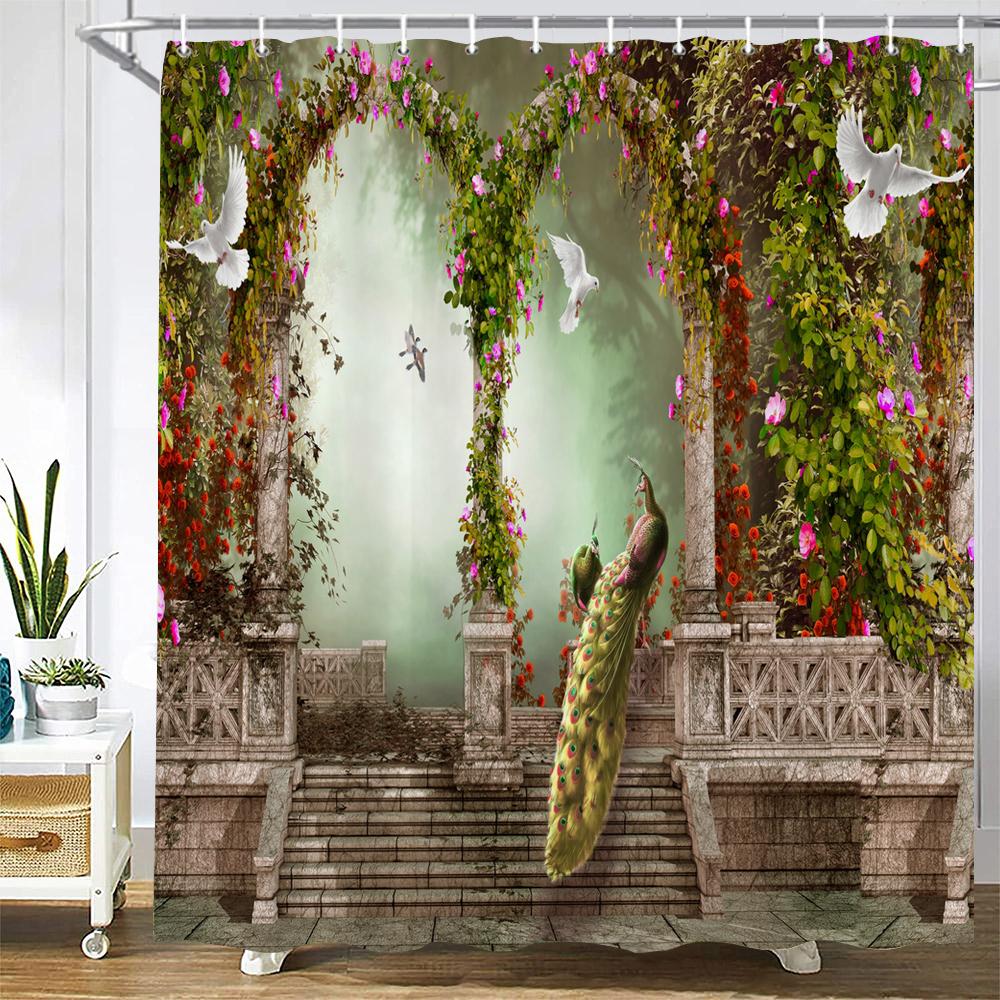 3D Flowers And Birds Peacocks Shower Curtain Waterproof Bathroom Curtains Polyester Home Decor Curtain With Hook Curtain