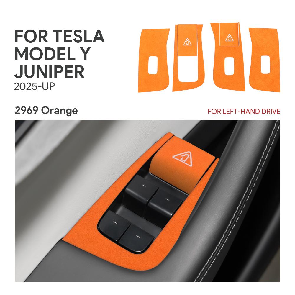Italienische Oberseite Wildleder-Zieraufkleber LHD RHD Für Tesla Model Y Juniper 2025 2026-Up Fensterheber-Schalter Auto-Innenzubehör
