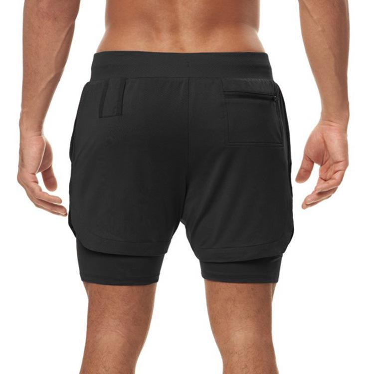 Men's Double Layer Color Block Sports Shorts with Hang Towel - Breathable, Solid Color Fitness Running Shorts.