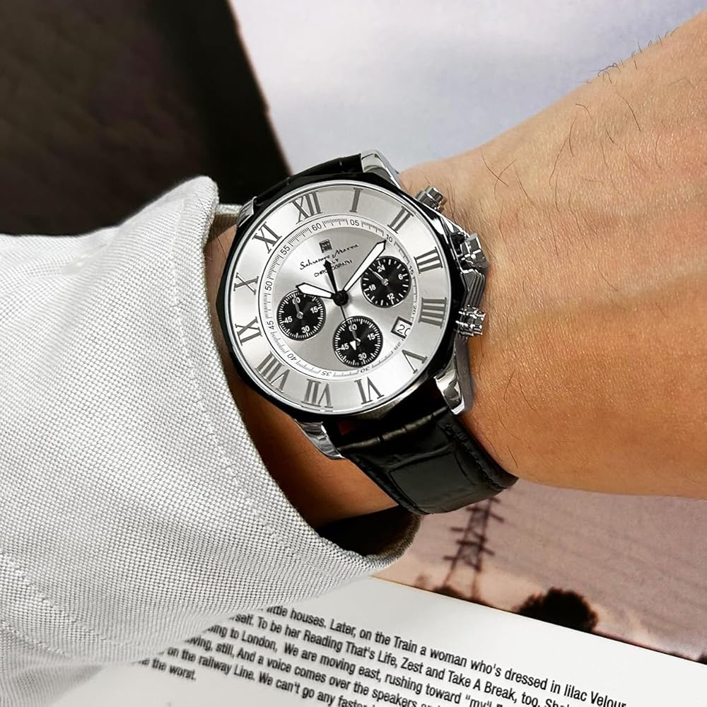 Salvatore Marra Chronograph Watch 10 ATM Water Resistant Men's Leather Strap Silver White Black Panda SM15104-SSWHBKLE