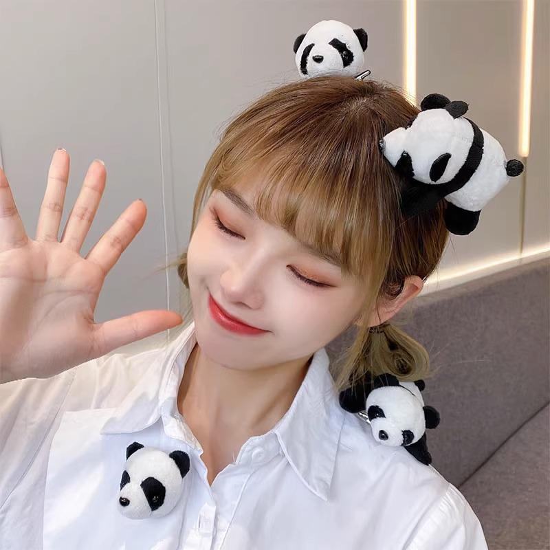 Korean Cute Cartoon Bear Panda Brooch with Plush Doll and Hair Accessories Set