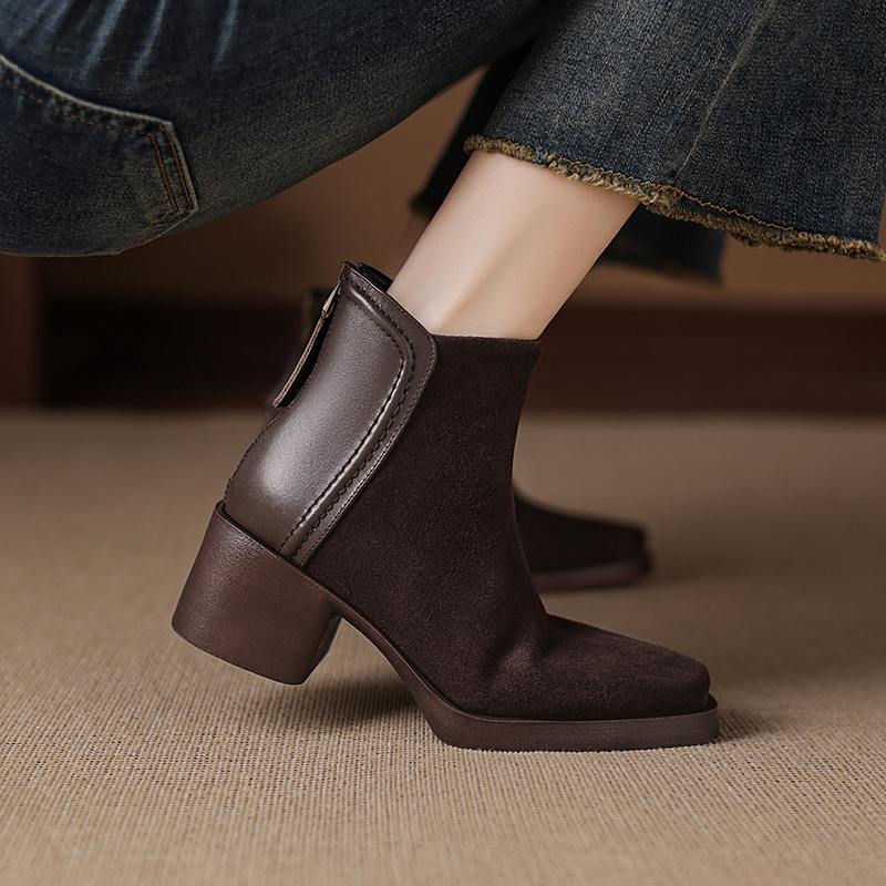 Krazing Pot Cow Suede Nubuck Winter Round Toe Modern Boots Med Heels Zipper Patch Work Women Ankle Boots