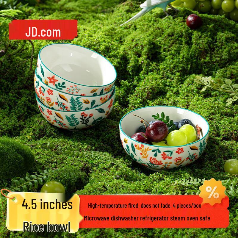 Secret Garden American Style Ceramic Rice Bowls, Set of 4