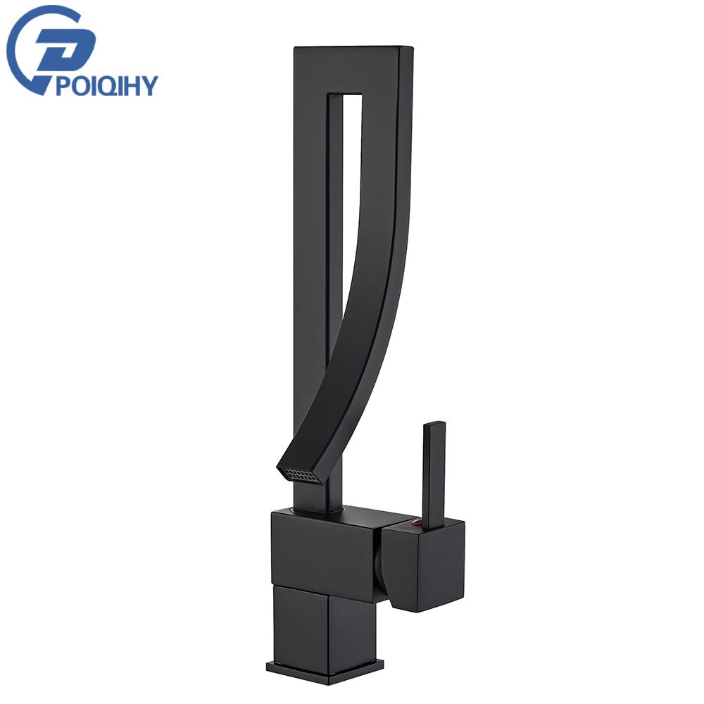 

POIQIHY Матовый золотой смеситель для раковины Водопадный смеситель для ванной комнаты Смеситель для раковины с креплением на бортике Черный хромированный кран Смеситель для ванной комнаты чёрный