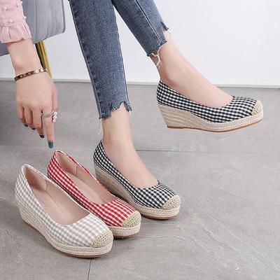 Fashion Wedges Heels Shoes Women Spring Summer Cloth Women Shoes Plaid Ladies High Heel 7cm Black Red