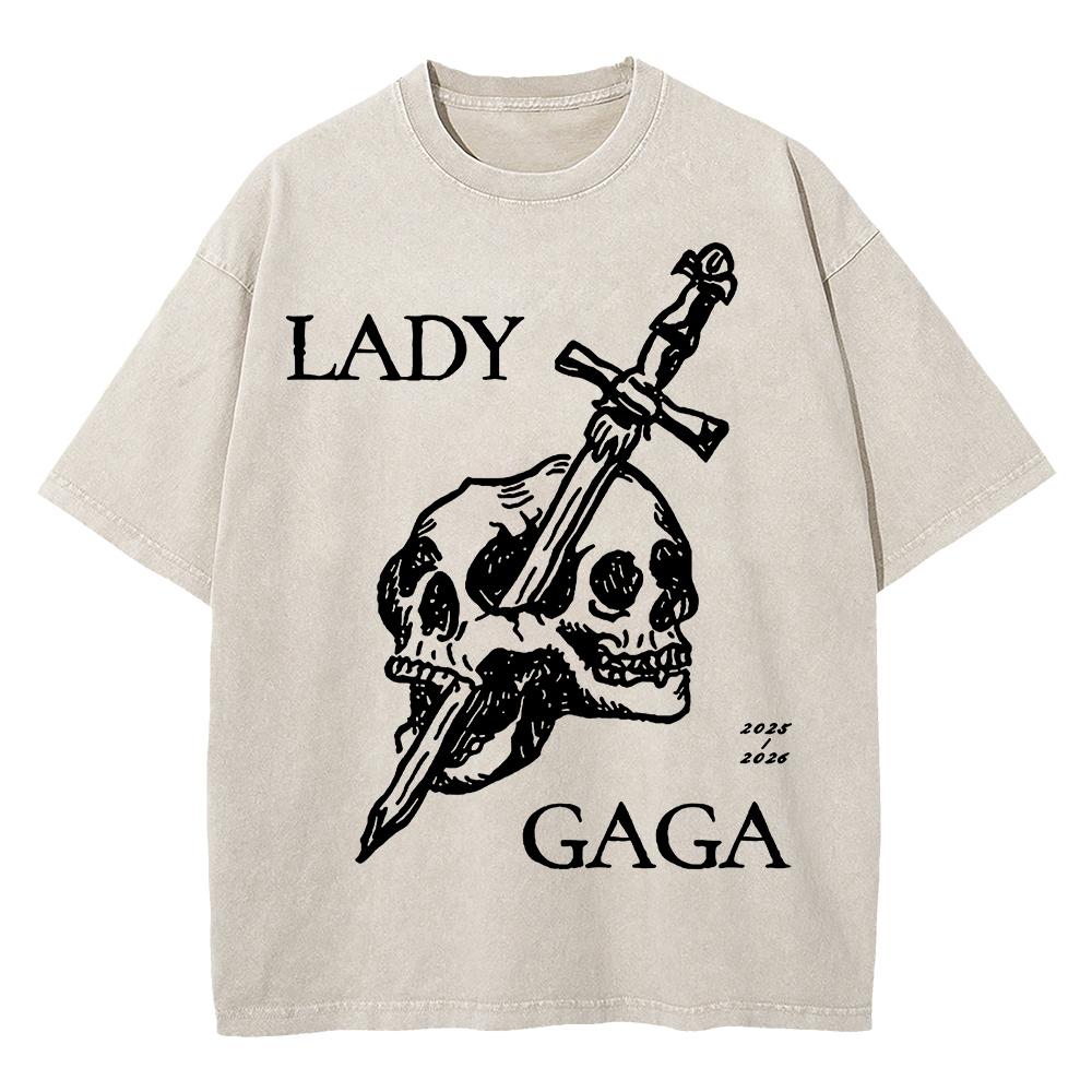 Cotton Vintage Washed Lady Gaga Runway T Shirt Fashion Men Lady Gaga The Mayhem Ball Tour Loose Acid Wash Tees Shirts S