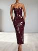 Vestido Midi Feminino Sem Mangas de Alça Fina em Couro PU Bodycon Vestido Regata