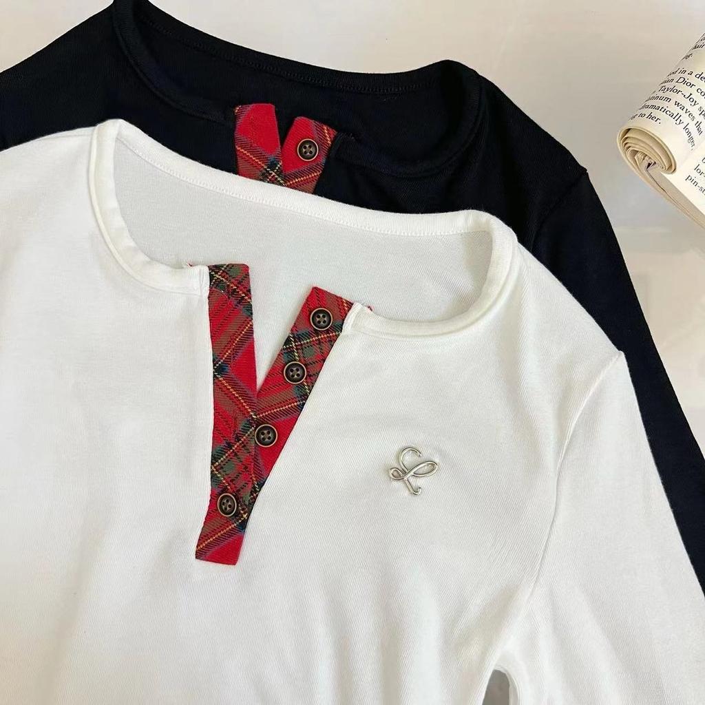 T-shirts à Carreaux de Créateur de Mode Coréen pour Femmes Automne Hiver Patchwork Manches Longues Esthétique Vintage Années 2000 Tendance Hauts Col Rond