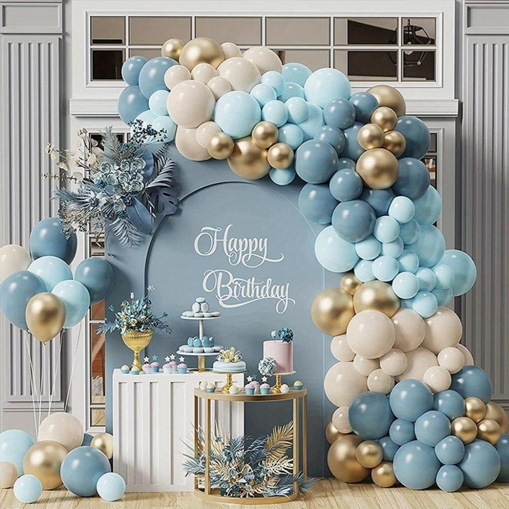 Blue and Gold Balloon Garland Set for Birthday and Baptism, 135 Pcs.