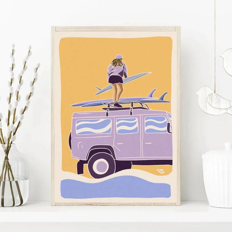 Abstrakte Meereslandschaft Strand Mann Mädchen Surfen Welle Surfbretter Auto Wandkunst Poster und Druck Leinwandmalerei Bilder Heimdekor