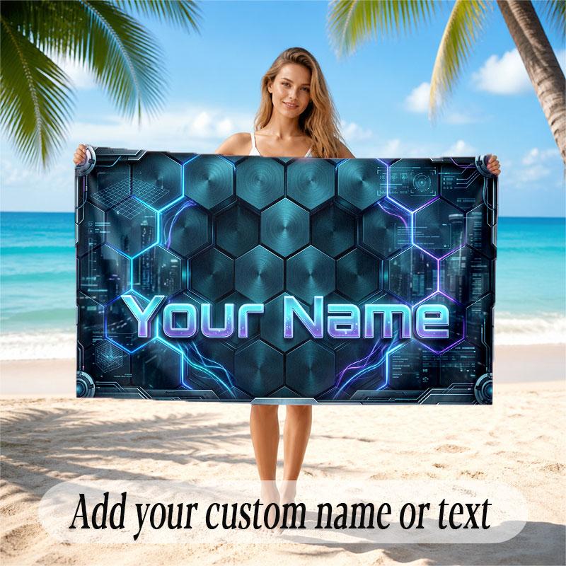 City Cyberpunk Theme Soft Beach Towel Personalized Custom Name Text Towel Portable for Beach Pool Travel