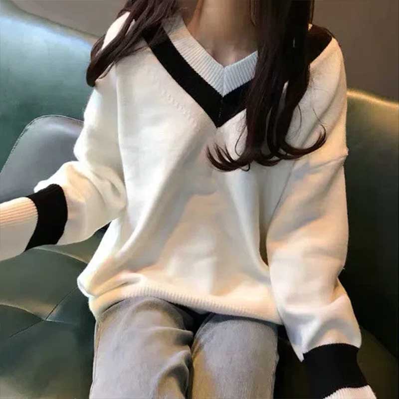 Women V-neck Pullover Sweater Autumn Winter Knitwear Chic Basic Casual Female Jumpers Sweaters