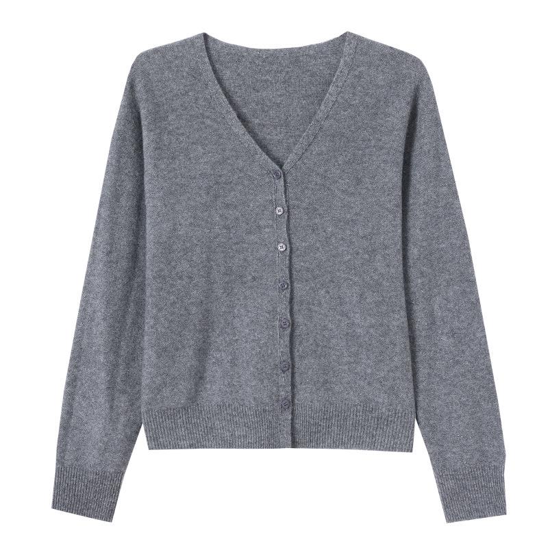 Women's V-Neck Pure Wool Cardigan Sweater - Solid Color, Long Sleeve, Trendy Casual Outerwear.