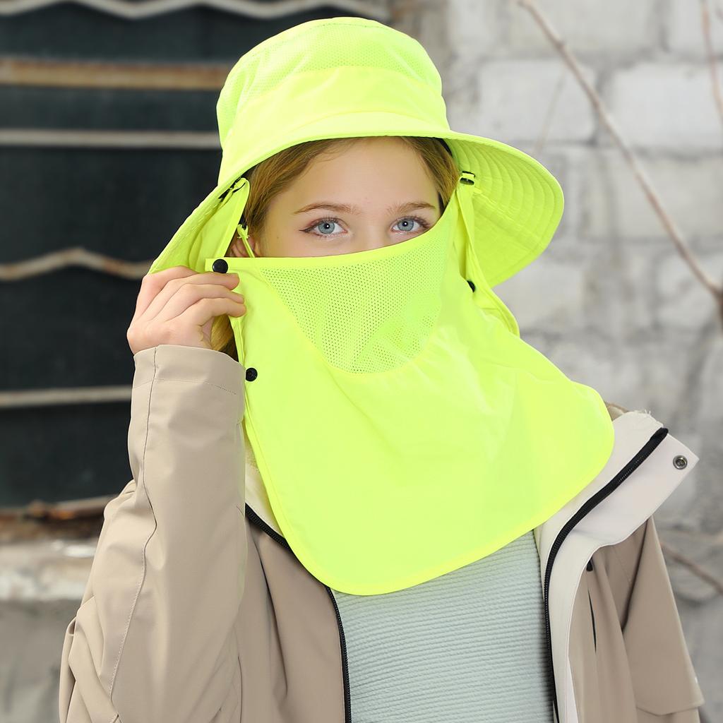 Full cover face sunscreen mask outdoor UV protection bucket hat summer breathable big brim shawl sun hat