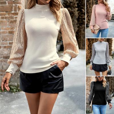Blusa de punto con lentejuelas y cuello alto de manga larga para mujer, moda de otoño e invierno