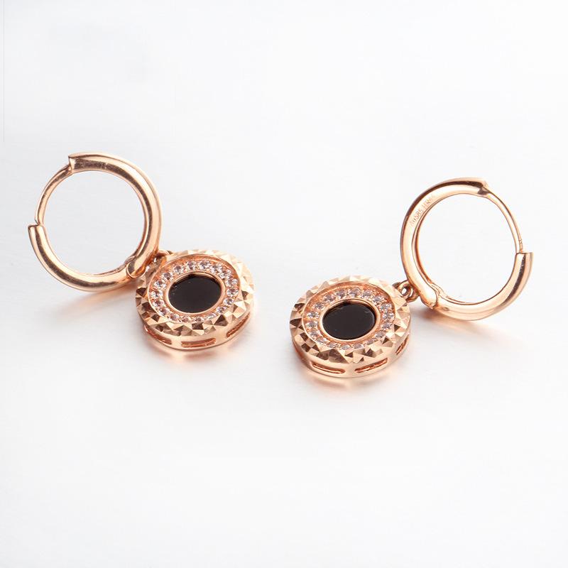 Purple Gold-Plated Rose Gold Black Stone Cart Flower Side Drill Geometric Round Ear Buckle Women'S Earrings