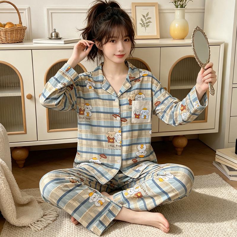 High-value imitation cotton long-sleeved pajamas women's spring and autumn new casual loose striped cardigan loungewear set
