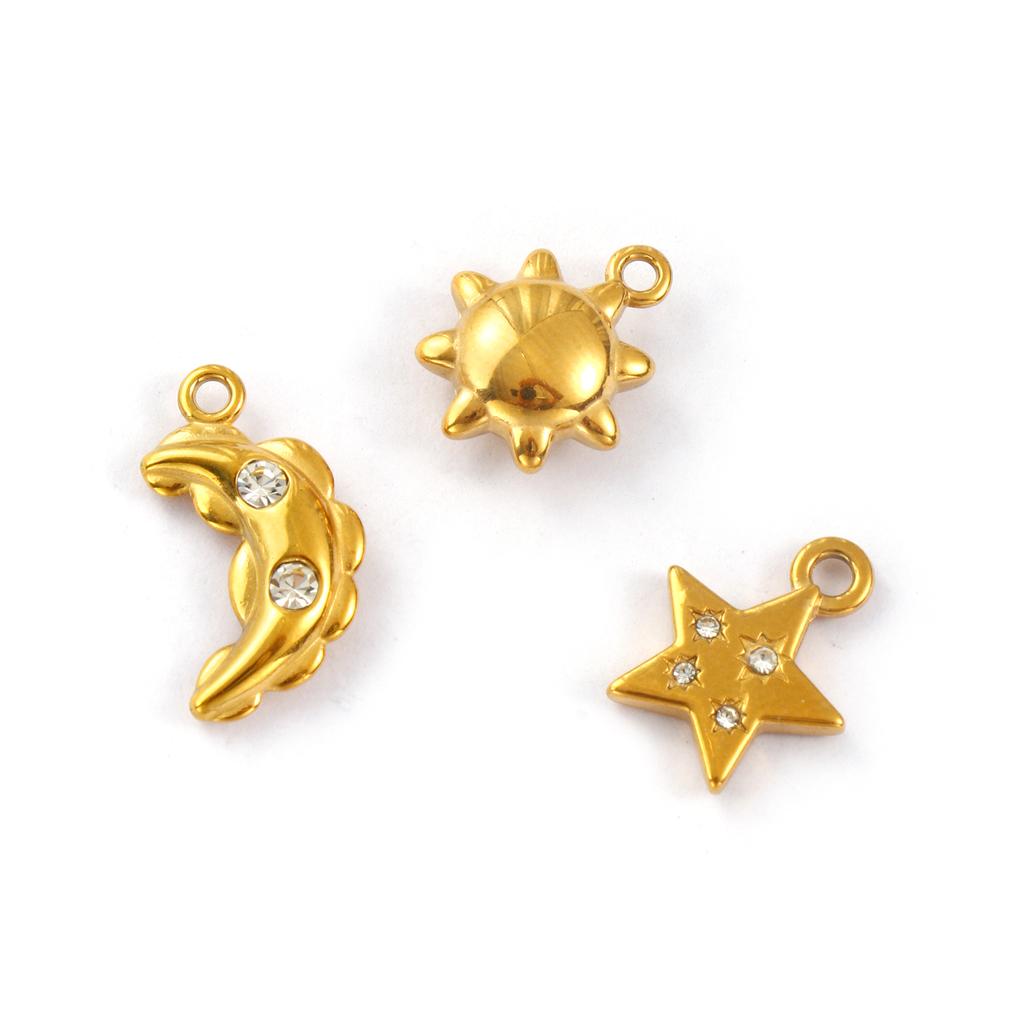 Doreen Box 2pcs 304 Stainless Steel Galaxy Charms 18k Gold Plated Moon Star Sun Zircon Inlaid Necklace Pendants For Diy Necklace