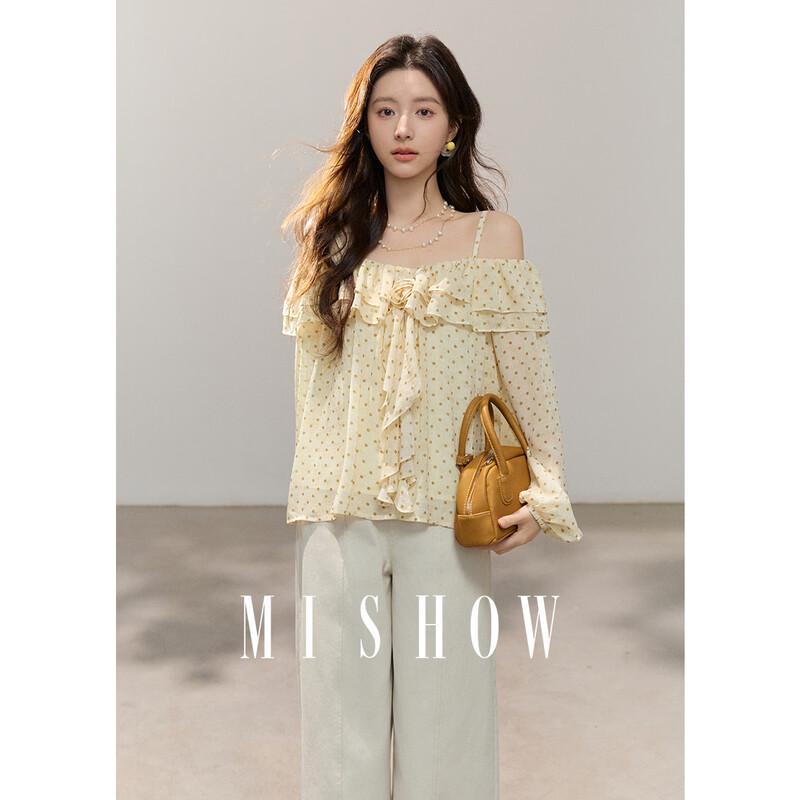 Mixiu French Style Polka Dot Off-Shoulder Chiffon Blouse M
