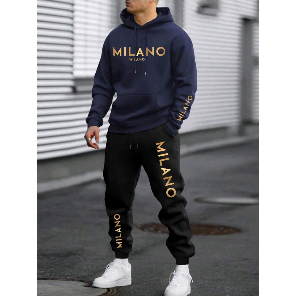 Men's Vacation Style Printed Sportswear and Pants Set, Casual Sportswear Drawstring Pants Set, Autumn and Winter Men's Outdoor 2 Piece Set