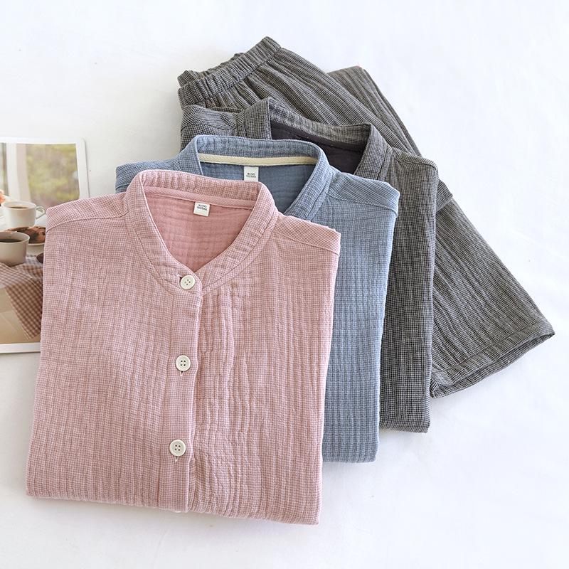 Spring Couple's Pajama Set: Thick Pure Cotton Plaid, Women's & Men's Long-Sleeve, Loose Fit