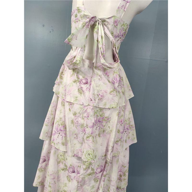 Foreign Trade Order Lady Elegant Exquisite Print Purple Slimming Vacation Elegant Beautiful Backless Fashion Summer Dress