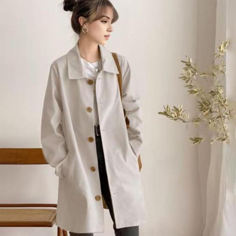 Women Windbreaker Overcoat Turn Down Collar Button Down Long Sleeves Loose Pockets Mid Length Outdoor Travel Commuting Jacket