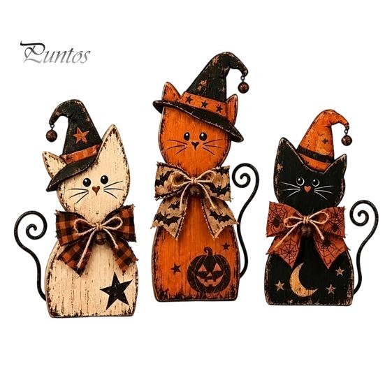 Rustic Wooden Cat Ornaments Ornament, Vintage Halloween/Flower Wood Tabletop Signs, Festive Party Table Centerpieces Distressed Animal Figurines