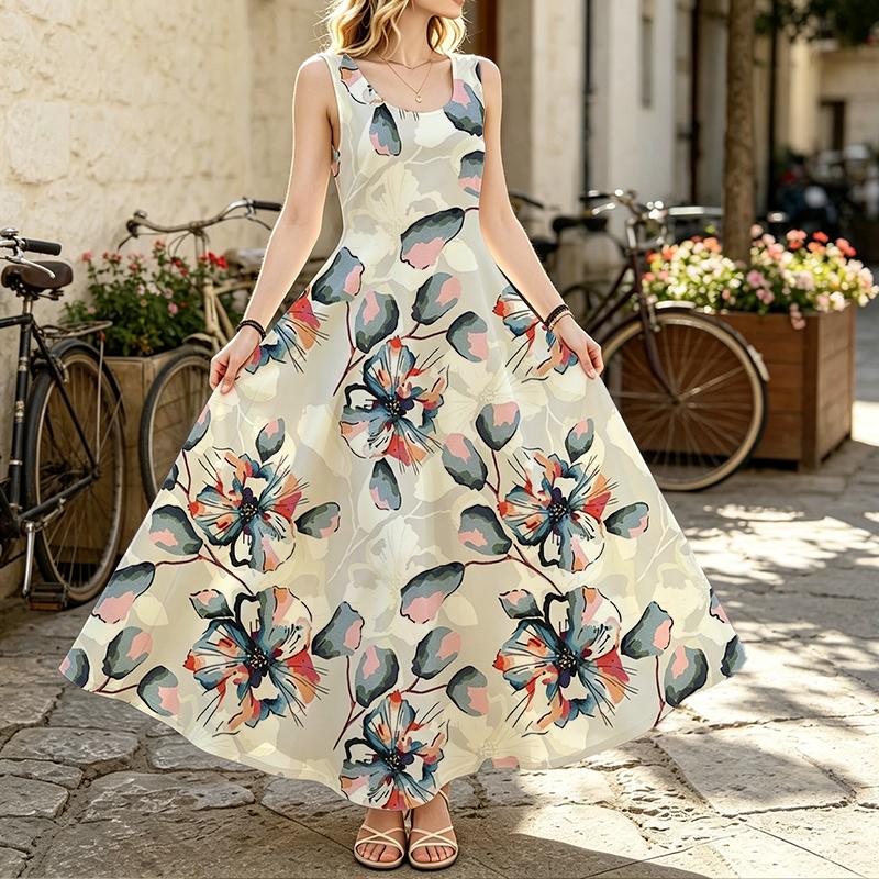 Sleeveless Long Dress Bohemian Floral Print,Lightweight Loose Fit,Summer Elegant Vacation Dress for Spring Fall Layering