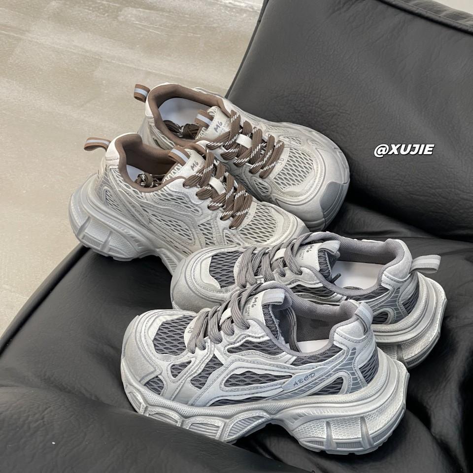 Leather platform dad shoes women's 2025 autumn new European station mesh breathable versatile sports shoes women's shoes