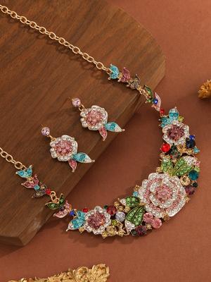 Regalo Zircone per la Festa della Mamma:Set di Fiori di Strass di Lusso da 3 Pezzi per Donna, Elegante Collana e Orecchini Pendenti per Festa, Matrimonio, Banchetto