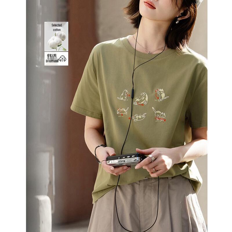 Women s Playful Cat Print Cotton Blend T-Shirt L