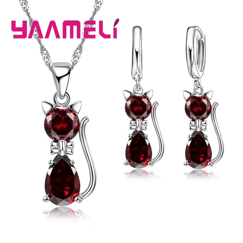 Real Zinc Alloy Sterling Zinc Alloy Color Zircon Sets for Woman Girls Shining Austrian Crystal Cute Cat Pendant Necklace Huggie Earring