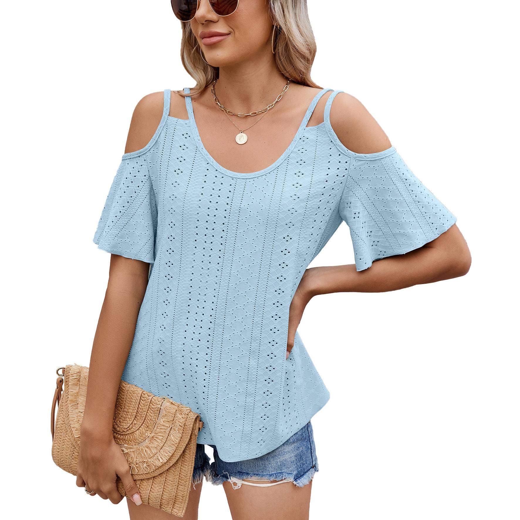 

YYFS Женская мода Повседневная Летняя Весна Однотонный Принт Короткие Рукава U-образный Вырез Блузки и Рубашки S небесно-голубой