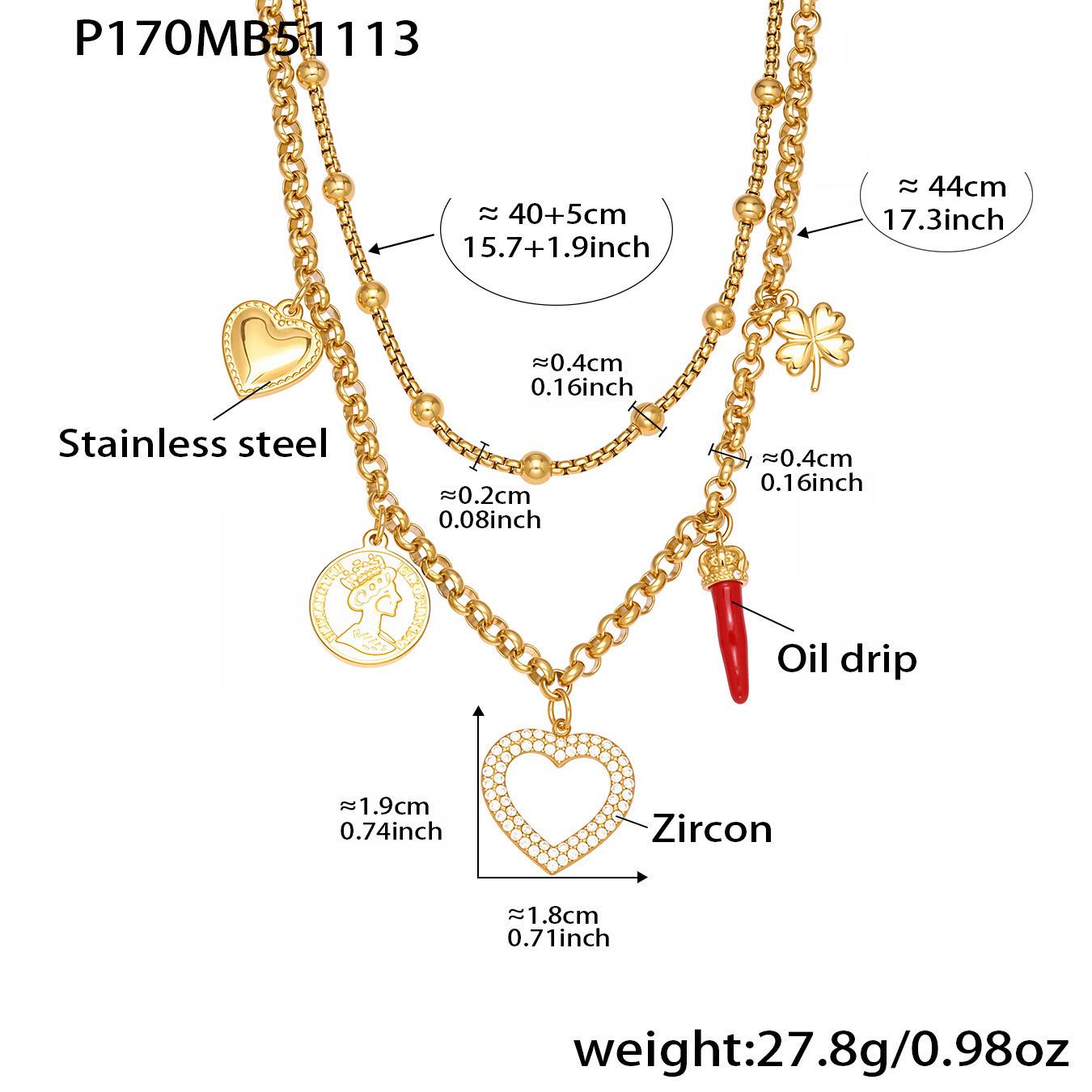 Qiong Yao 5A Zirconia Clover Heart Double Layer 18K Gold-Plated Necklace